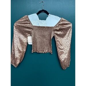 Dress Up Women Taupe Leopard Satin Smocked Crop Top Puff Sleeve Blouse Small NWT